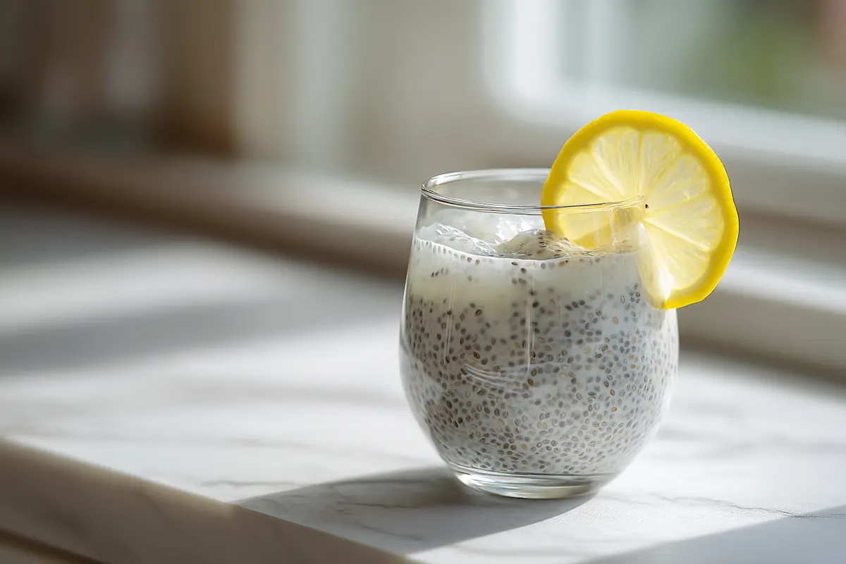 Natural Saxenda drink in a clear glass with chia seeds and lemon on a white counter.