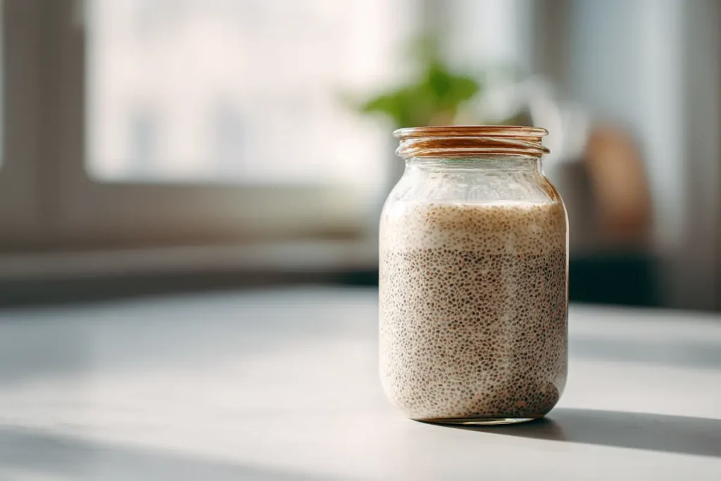 Glass jar of natural Saxenda drink pre-prepped in fridge for daily routine.