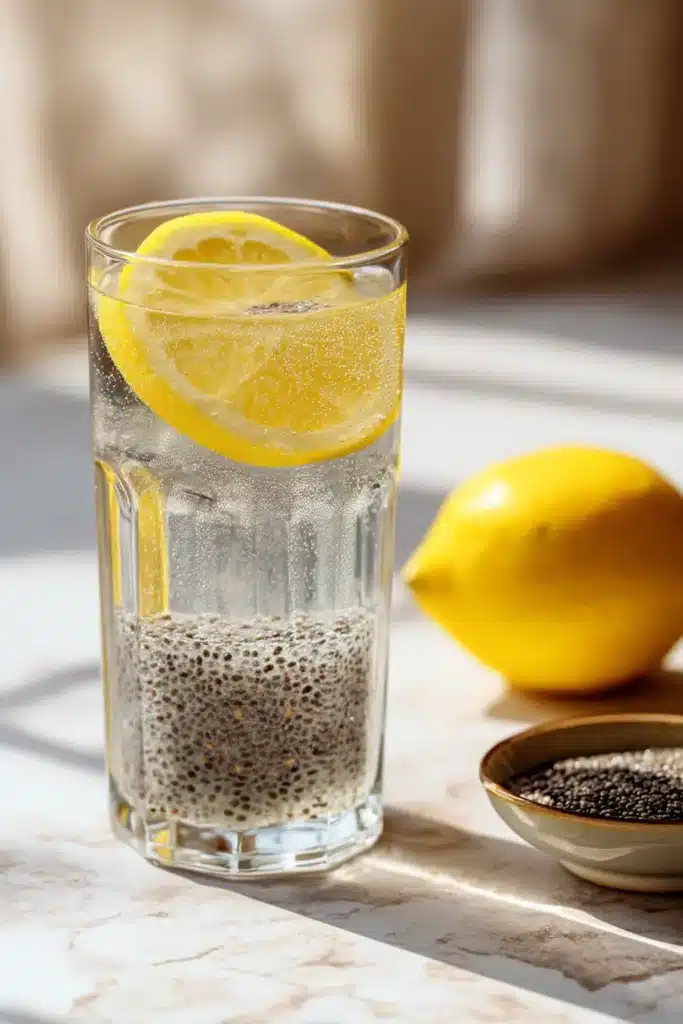 Tall clear glass of natural Saxenda drink with chia seeds, lemon and yogurt on a white counter.