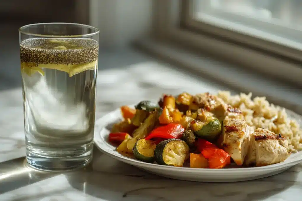 Natural Saxenda drink in a glass beside a white plate with chicken, vegetables and grains.
