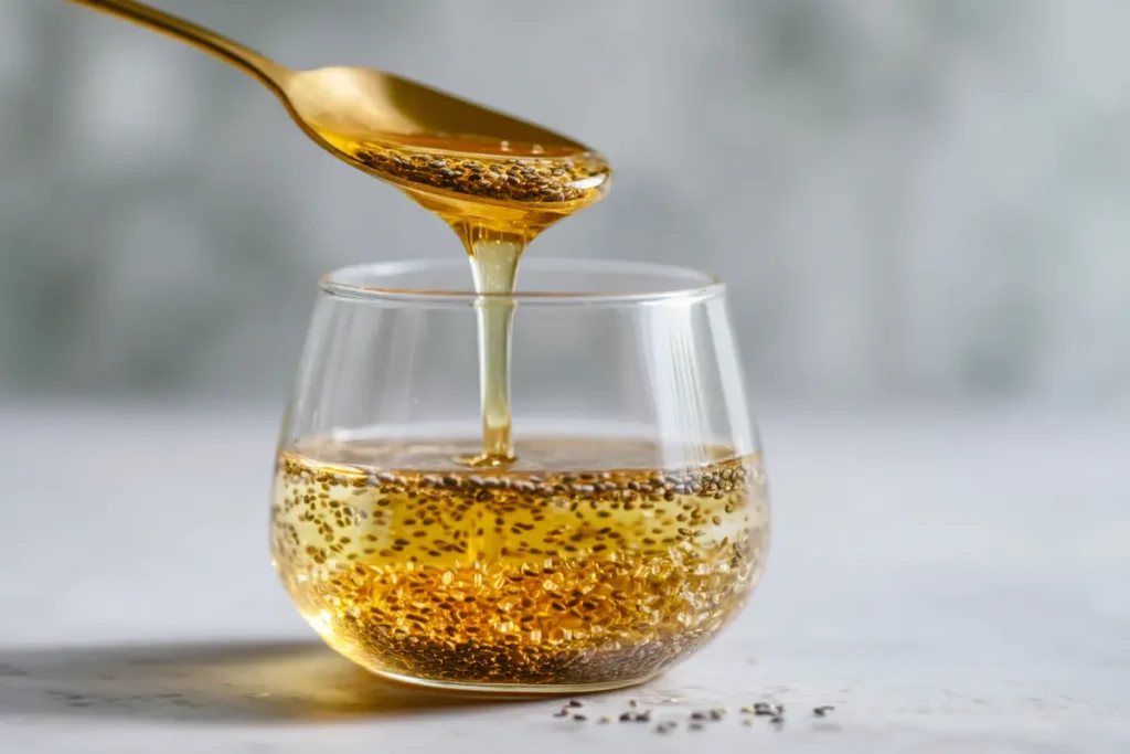Too much honey being drizzled into a natural Saxenda drink, showing a common mistake.