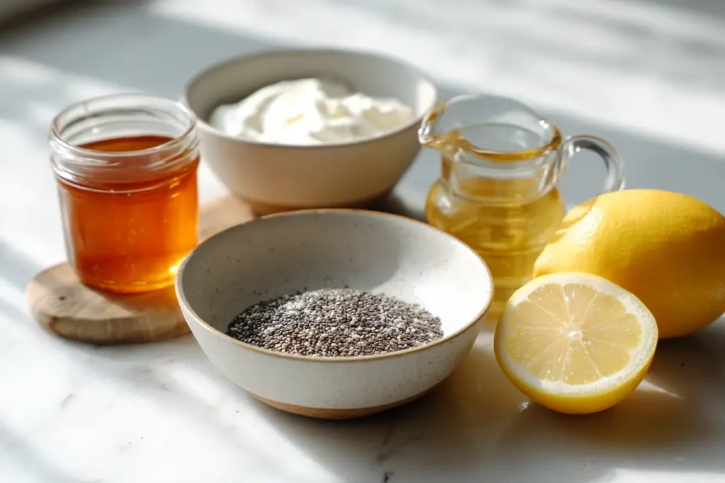 Ingredients for natural Saxenda recipe including chia seeds, Greek yogurt, apple cider vinegar and lemon on a white counter.