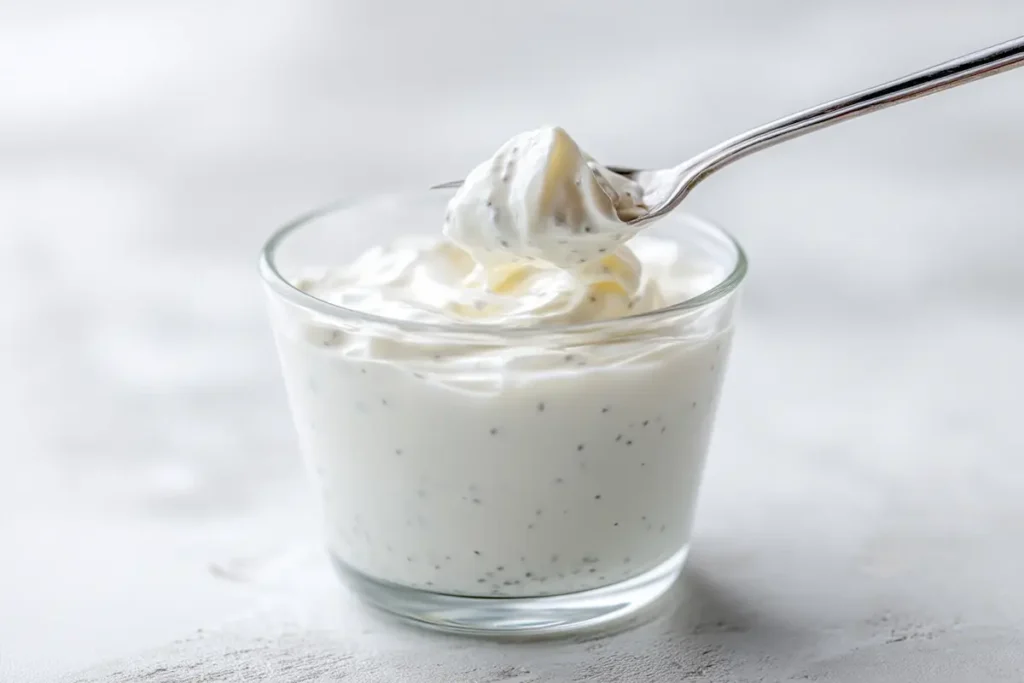 Stirring Greek yogurt into the natural Saxenda tonic in a glass with a small spoon.