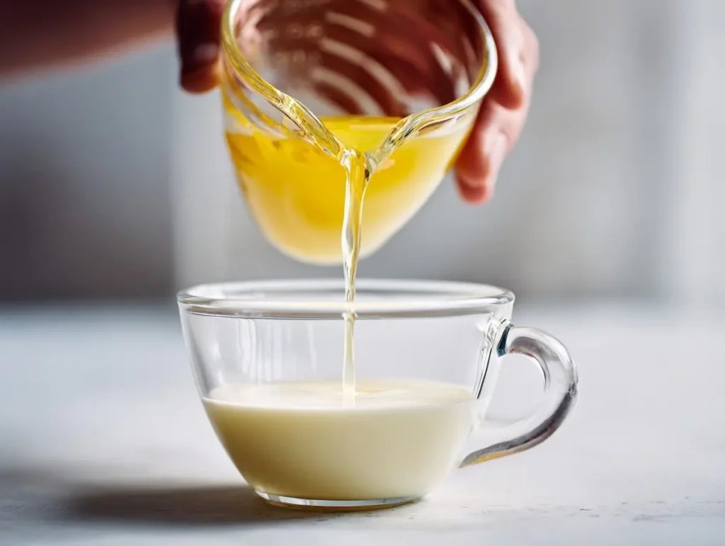 hand pouring lemon juice into milk to make buttermilk from milk