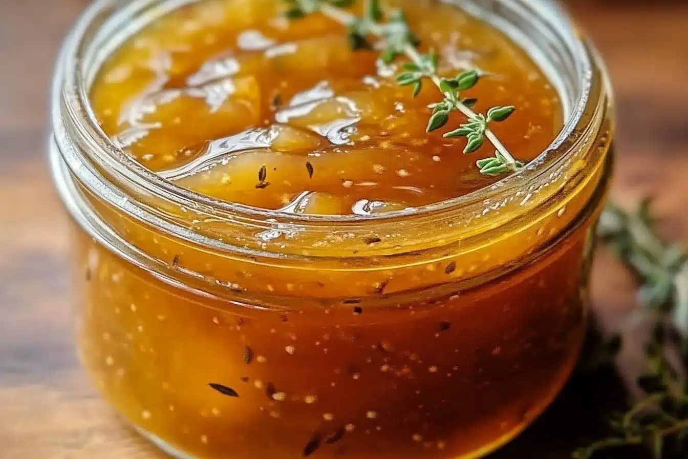 Jar of homemade Apple Thyme Jam with thyme sprigs and fresh apples