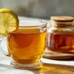 warm ben carson honey recipe tonic in clear glass mug with lemon and honey jar