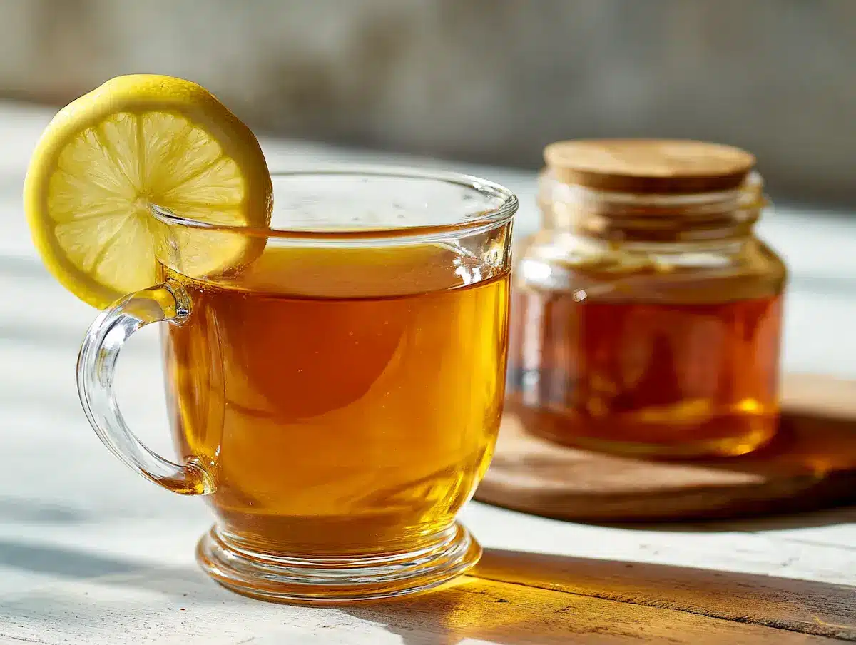 warm ben carson honey recipe tonic in clear glass mug with lemon and honey jar