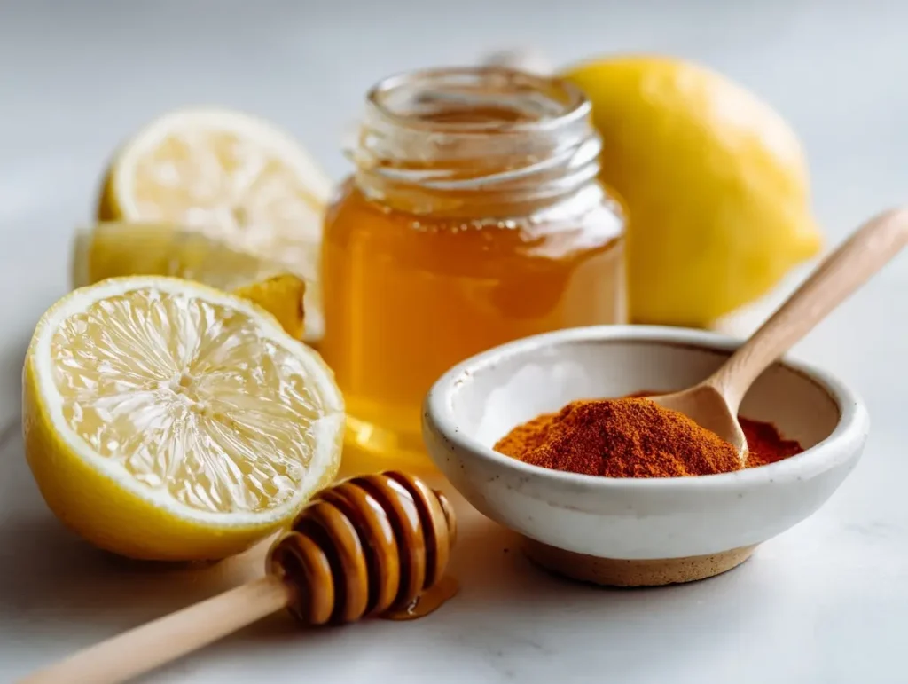 ben carson honey recipe ingredients raw honey lemon apple cider vinegar cayenne on white surface