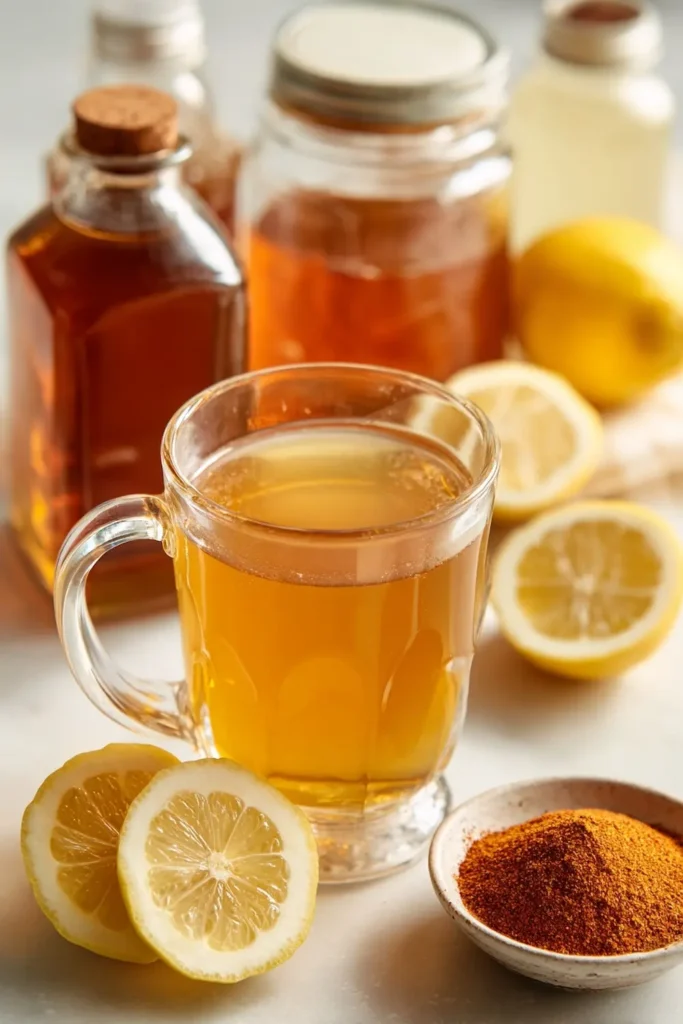 ben carson honey recipe benefits and ingredients vertical pin with finished tonic and pantry ingredients