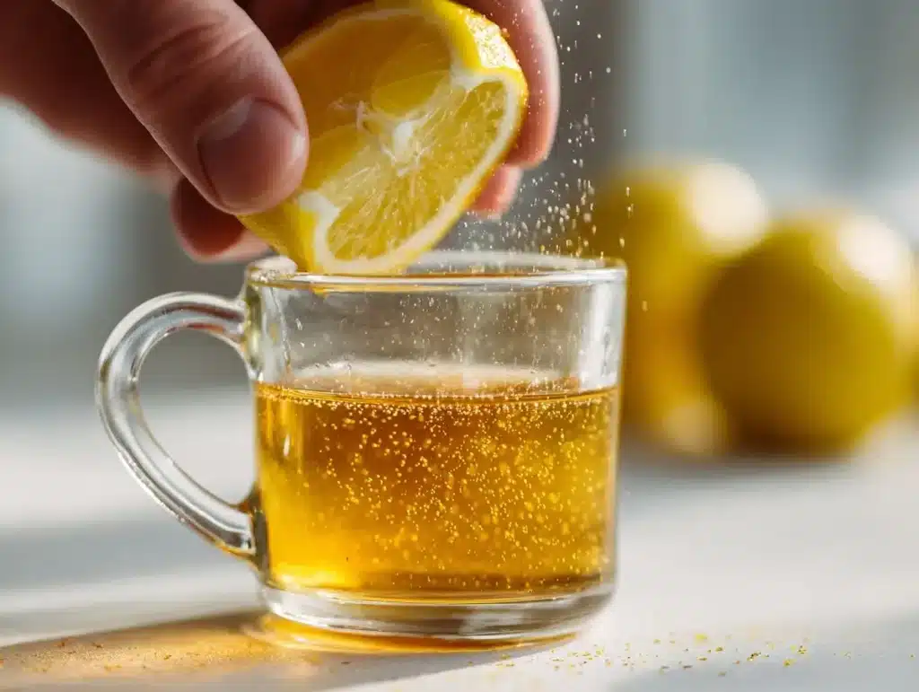 fresh lemon squeezed into ben carson honey recipe glass mug