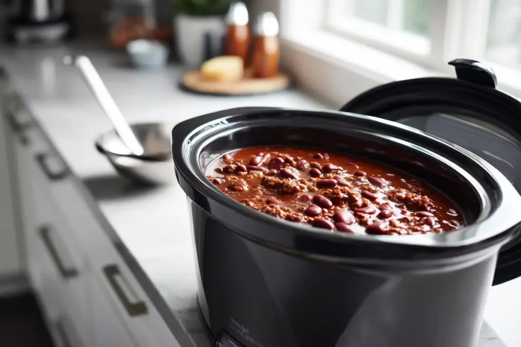 best-chili-recipe-crockpot Best crockpot chili recipe in modern black slow cooker on quartz counter