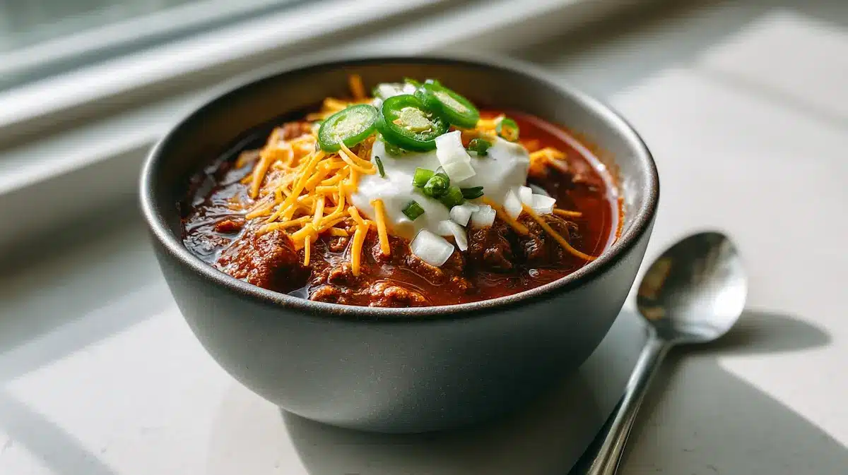 Bowl of the best chili recipe with cheddar sour cream and jalapeños on quartz counter