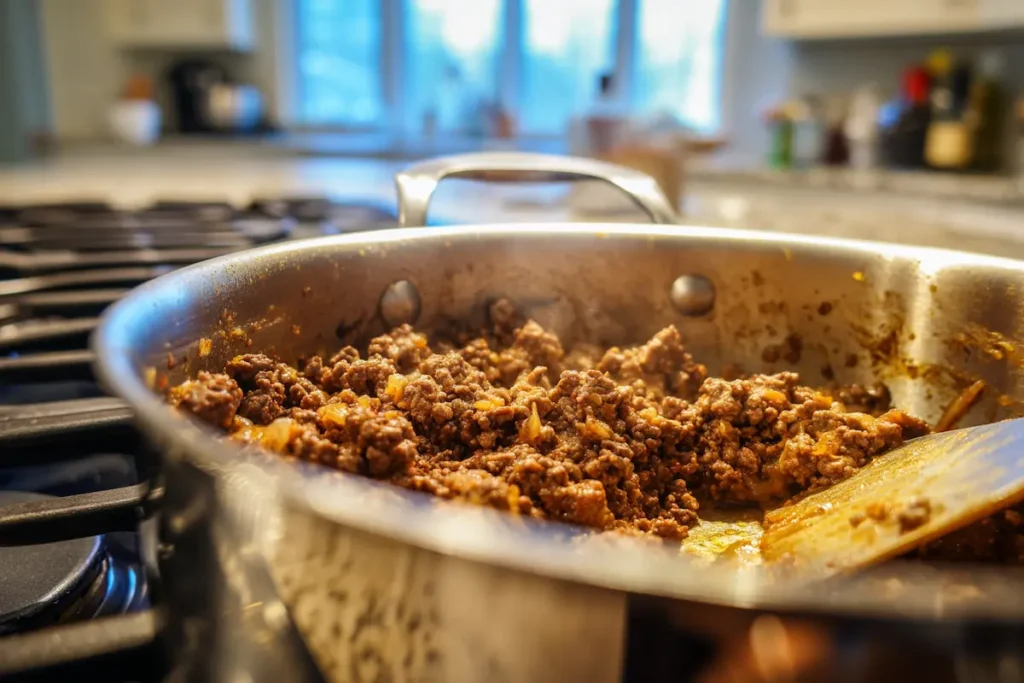 best-chili-recipe-step1-brown-beef Ground beef browning in stainless Dutch oven for best chili recipe step 1