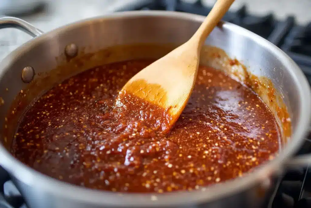 best-chili-recipe-step3-spice-bloom Chili spice blend blooming in tomato paste in Dutch oven for best chili recipe