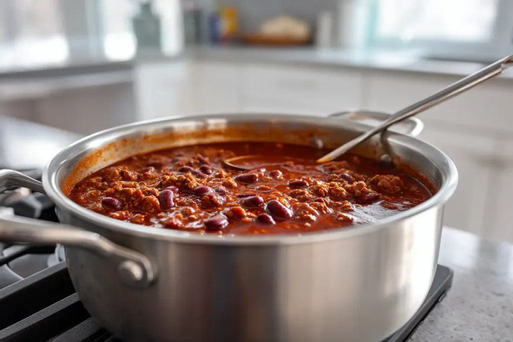 best-chili-recipe-step5-simmer Best chili recipe simmering in stainless Dutch oven on gas burner