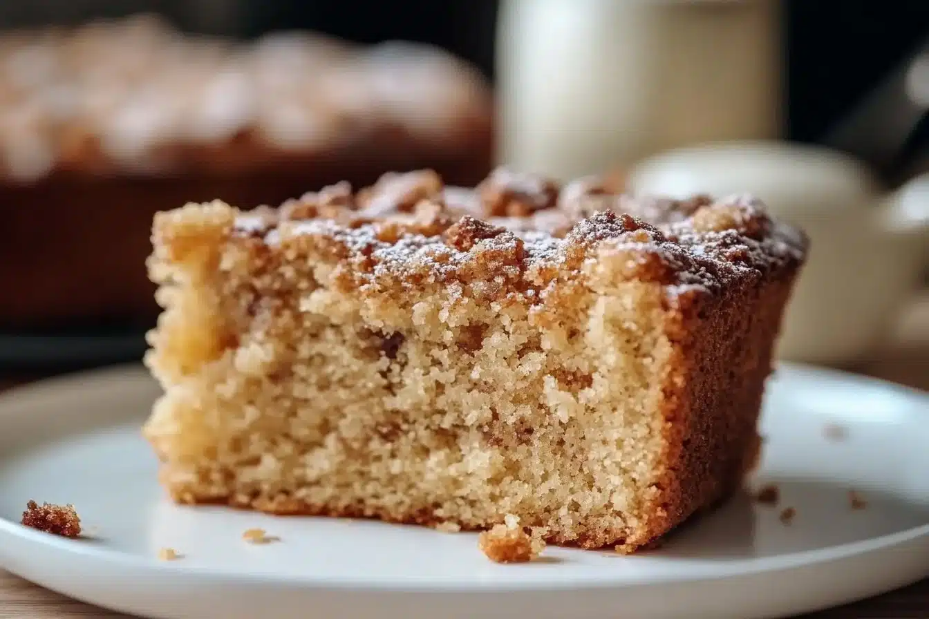 Delicious homemade moist coffee cake served in a slice