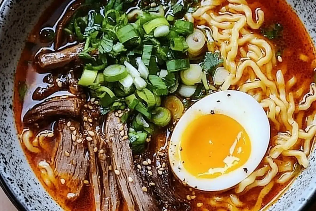 A delicious bowl of Birria Ramen topped with savory beef and herbs.