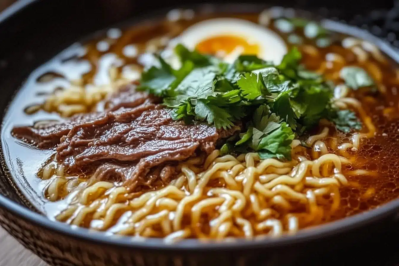 Bowl of Birria Ramen topped with fresh herbs and rich broth