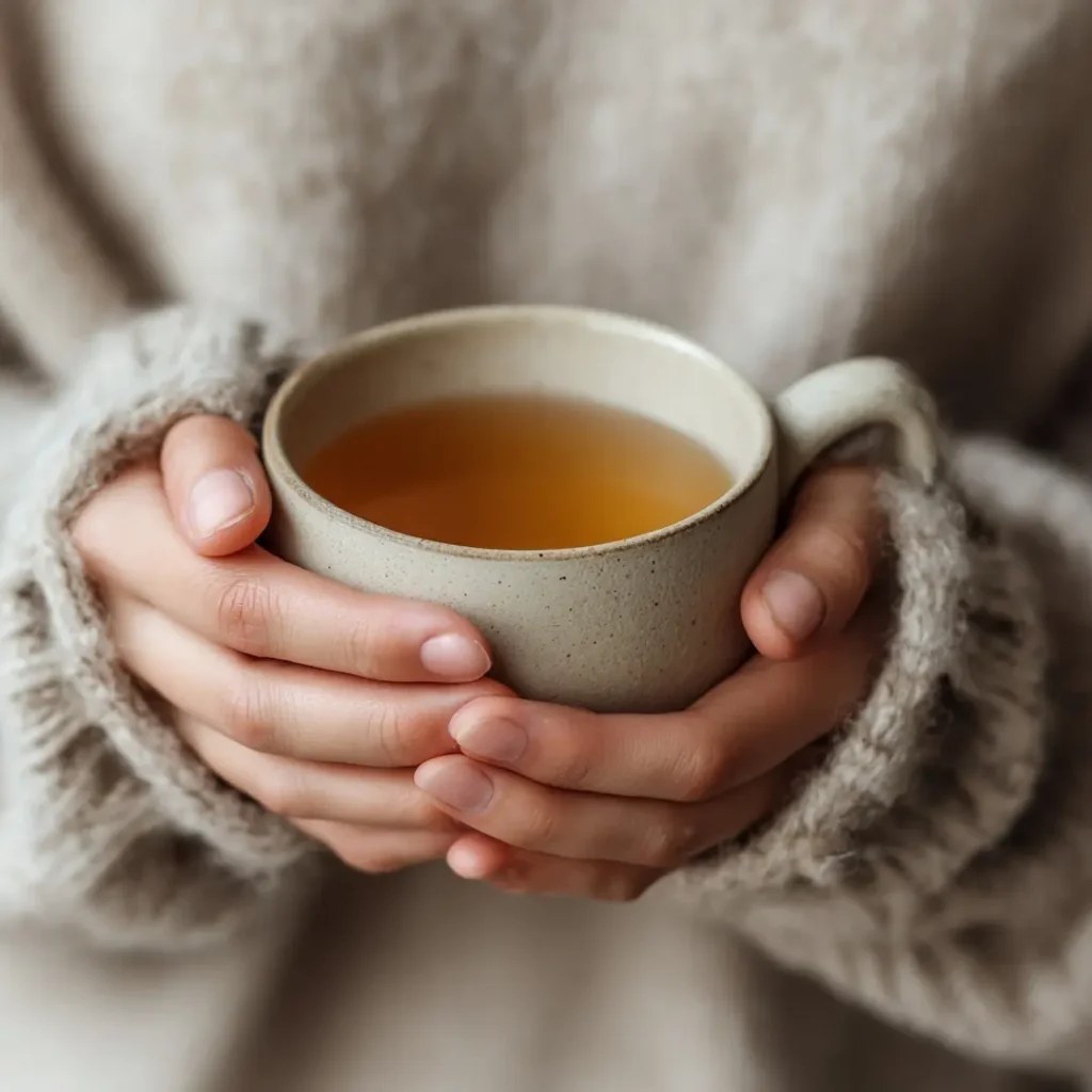 Woman holding boiled apple tea as part of a calm weight loss routine