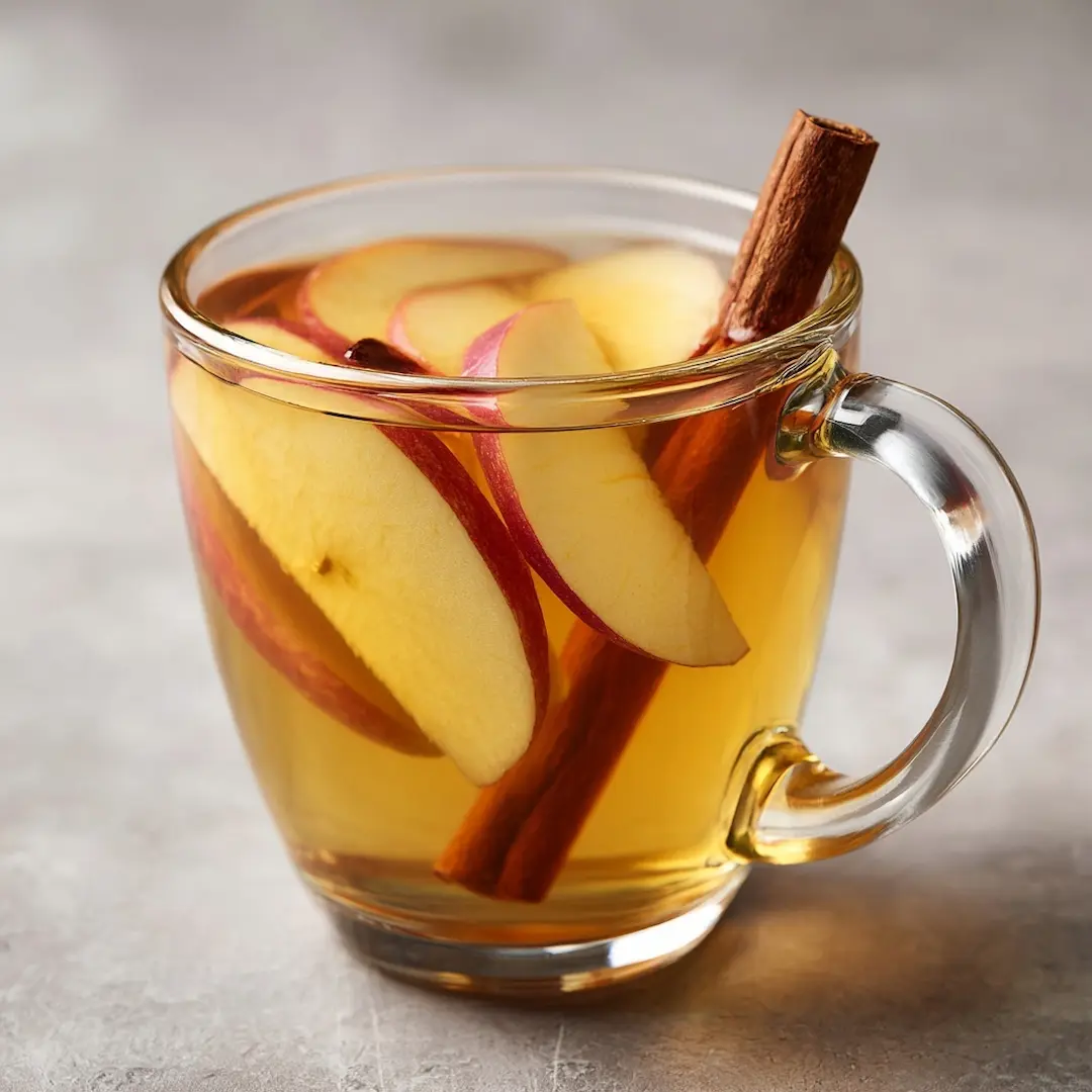 Close-up mug of boiled apple tea with apple slices and cinnamon