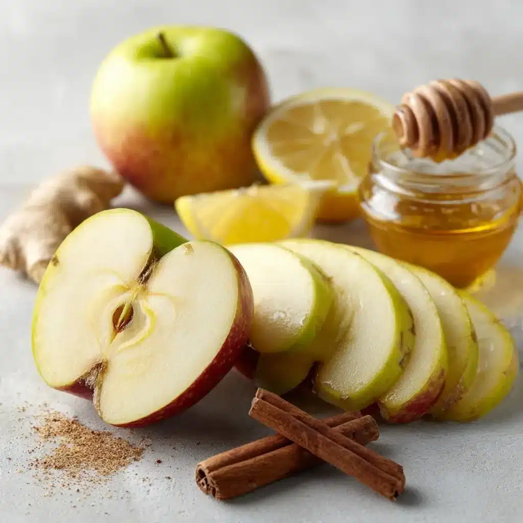 Close-up of sliced apple, cinnamon, and ginger for boiled apple tea