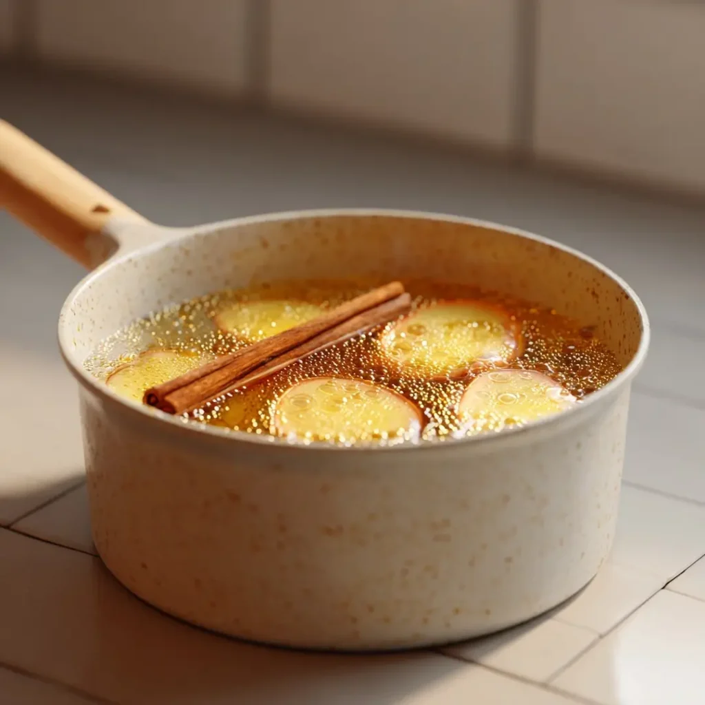 Close-up of boiled apple tea simmering with apples and cinnamon in a pot