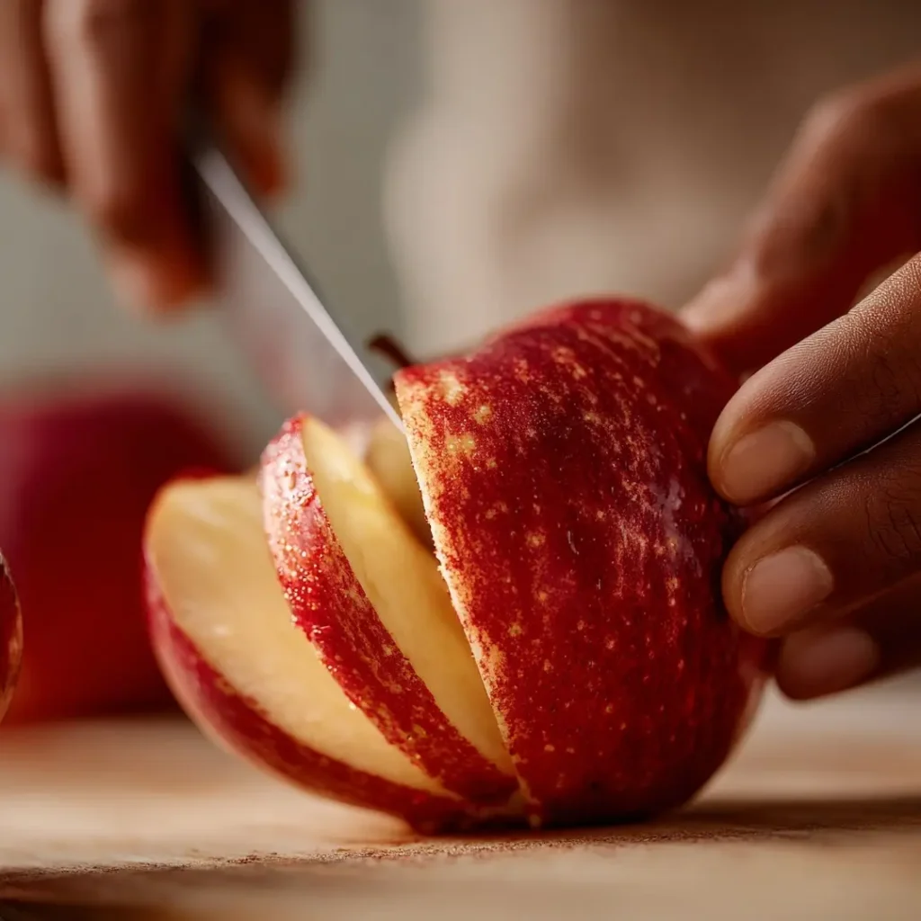 Person slicing an apple with peel on for boiled apple tea