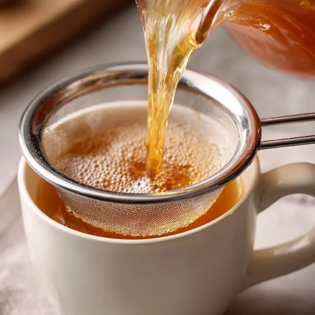 Close-up of boiled apple tea being strained into a mug