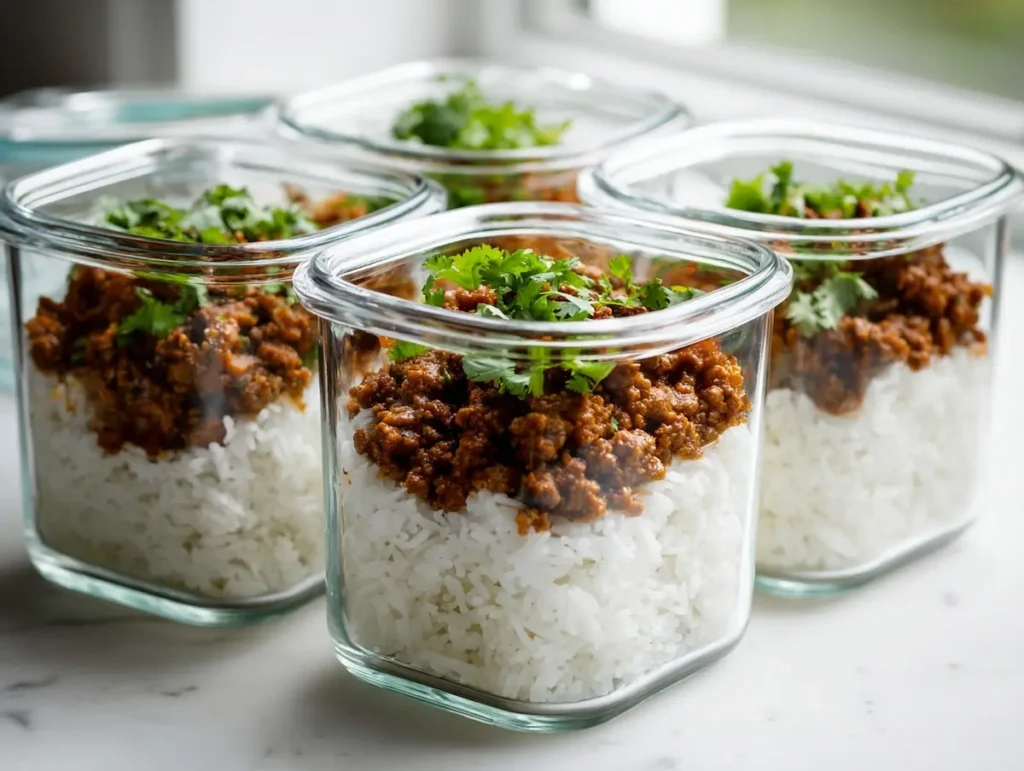 boy kibble meal prep containers with ground beef and rice bowls lined up for the week