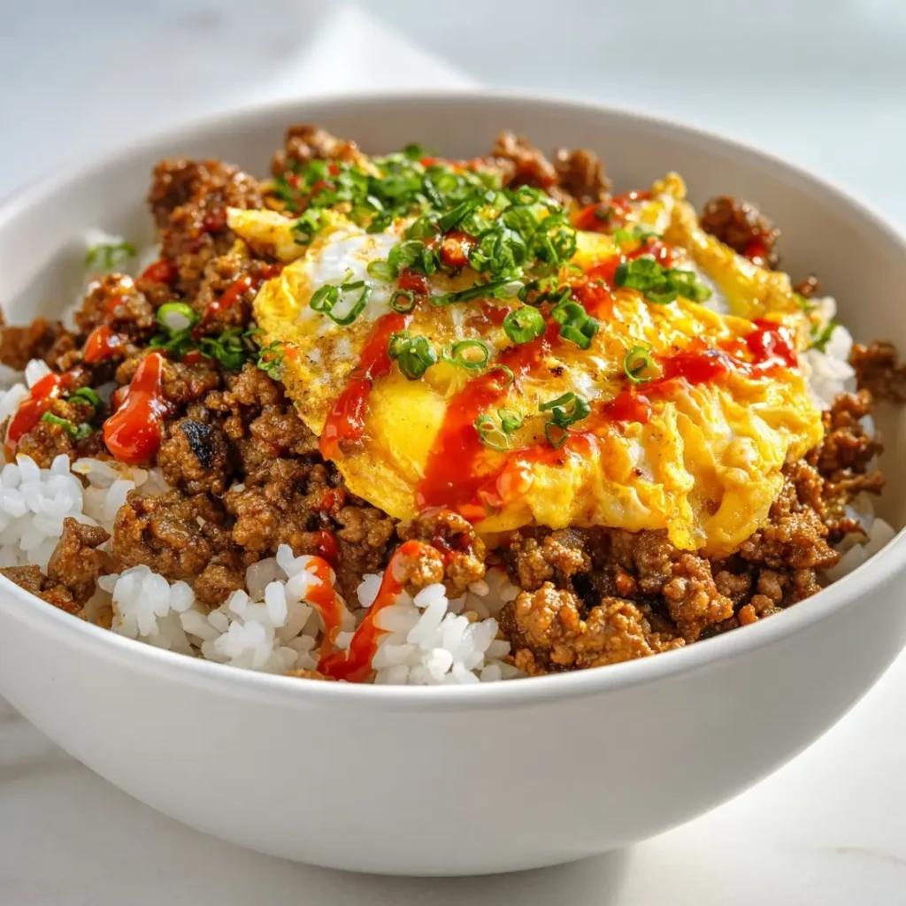 finished boy kibble recipe bowl with sriracha drizzle on white ceramic plate
