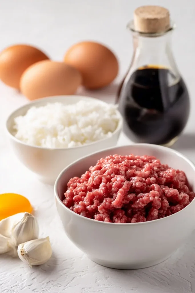 boy kibble recipe vertical pin with ground beef rice bowl and pantry ingredients on white surface