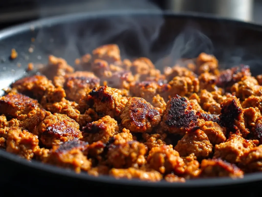 ground beef browning and searing in skillet for boy kibble recipe
