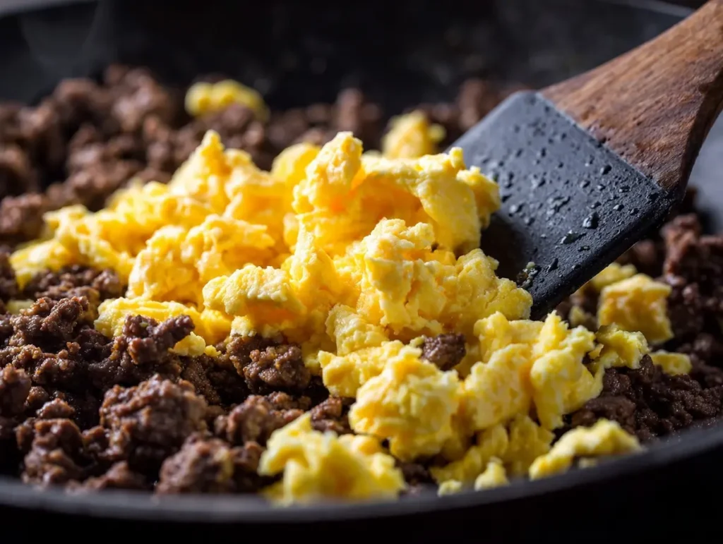 soft scrambled eggs being folded into browned ground beef for boy kibble recipe