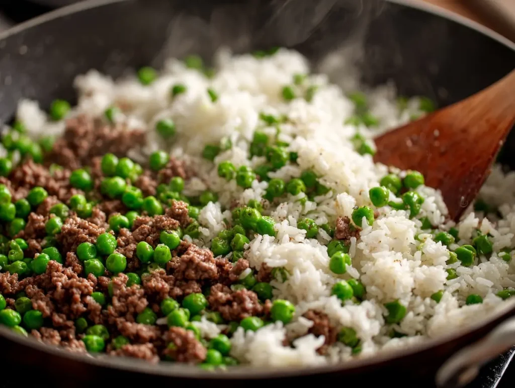 cooked white rice and frozen vegetables tossed into ground beef skillet for boy kibble recipe