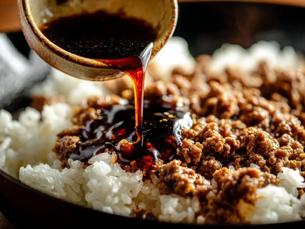 soy sauce drizzled over boy kibble recipe in hot skillet final step