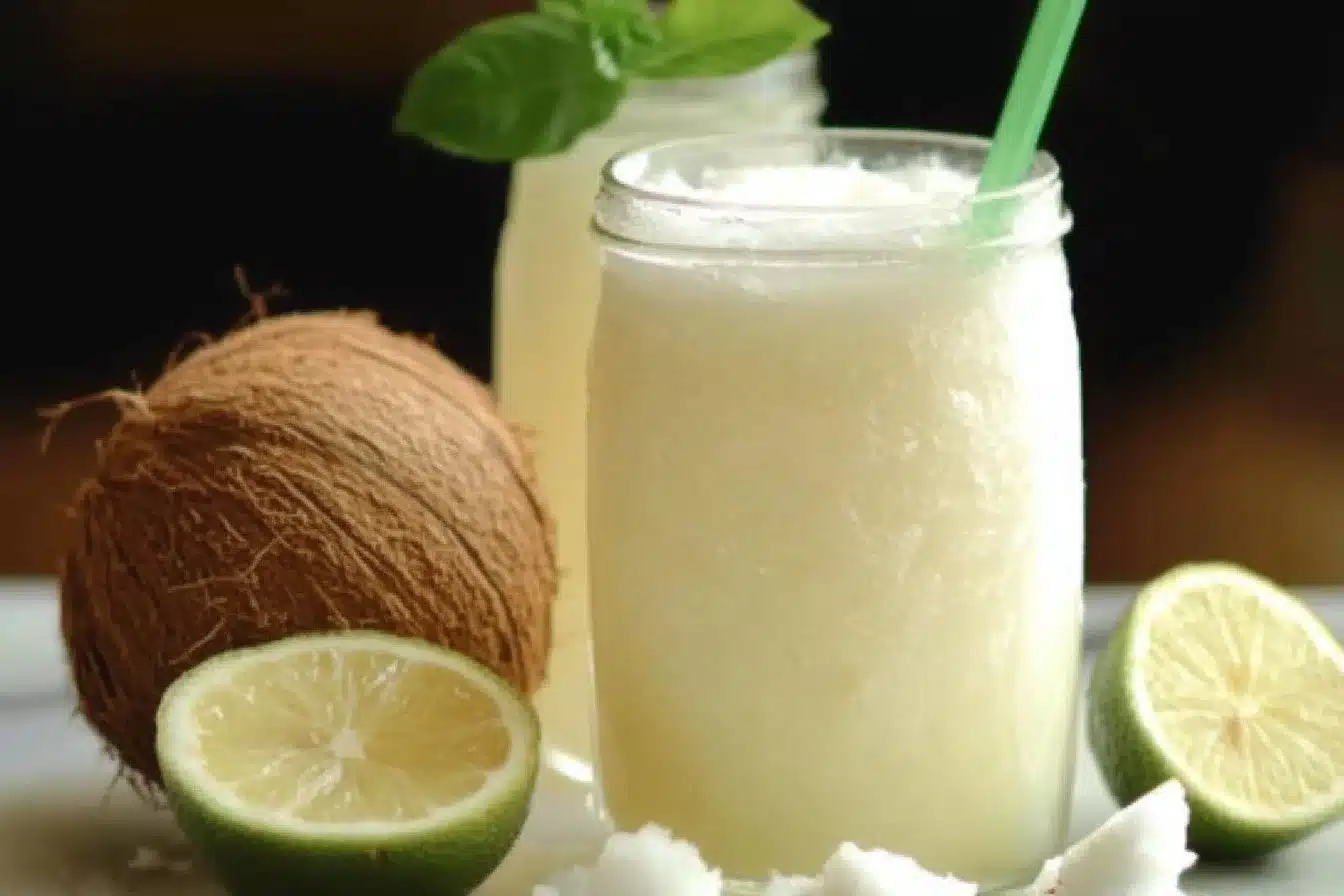 Refreshing Brazilian lemonade with coconut served in a glass.