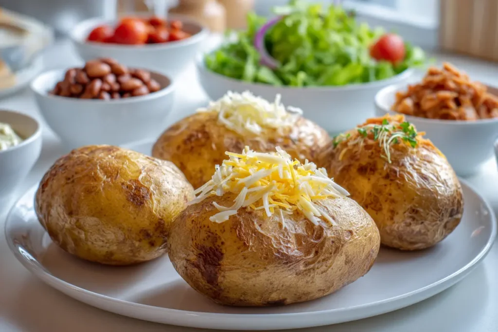 british-jacket-potato-fillings-platter Baked potatoes on a white plate surrounded by cheese, beans and salad toppings.