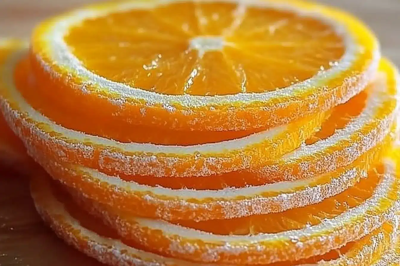 Homemade candied orange slices stacked on a plate