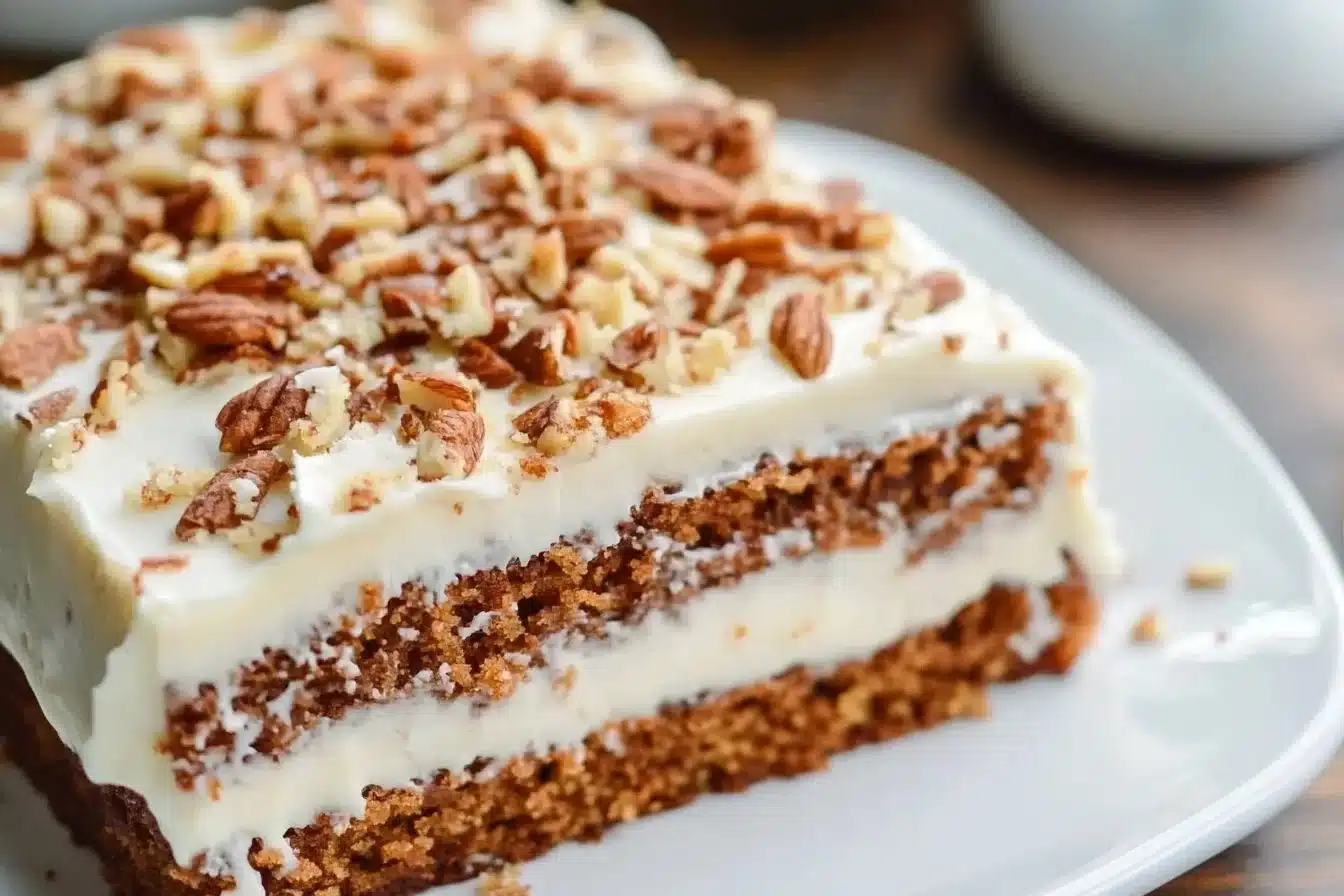 Homemade Carrot Sheet Cake topped with cream cheese frosting