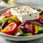 Classic greek salad with feta block, tomatoes, cucumbers and olives on a white platter