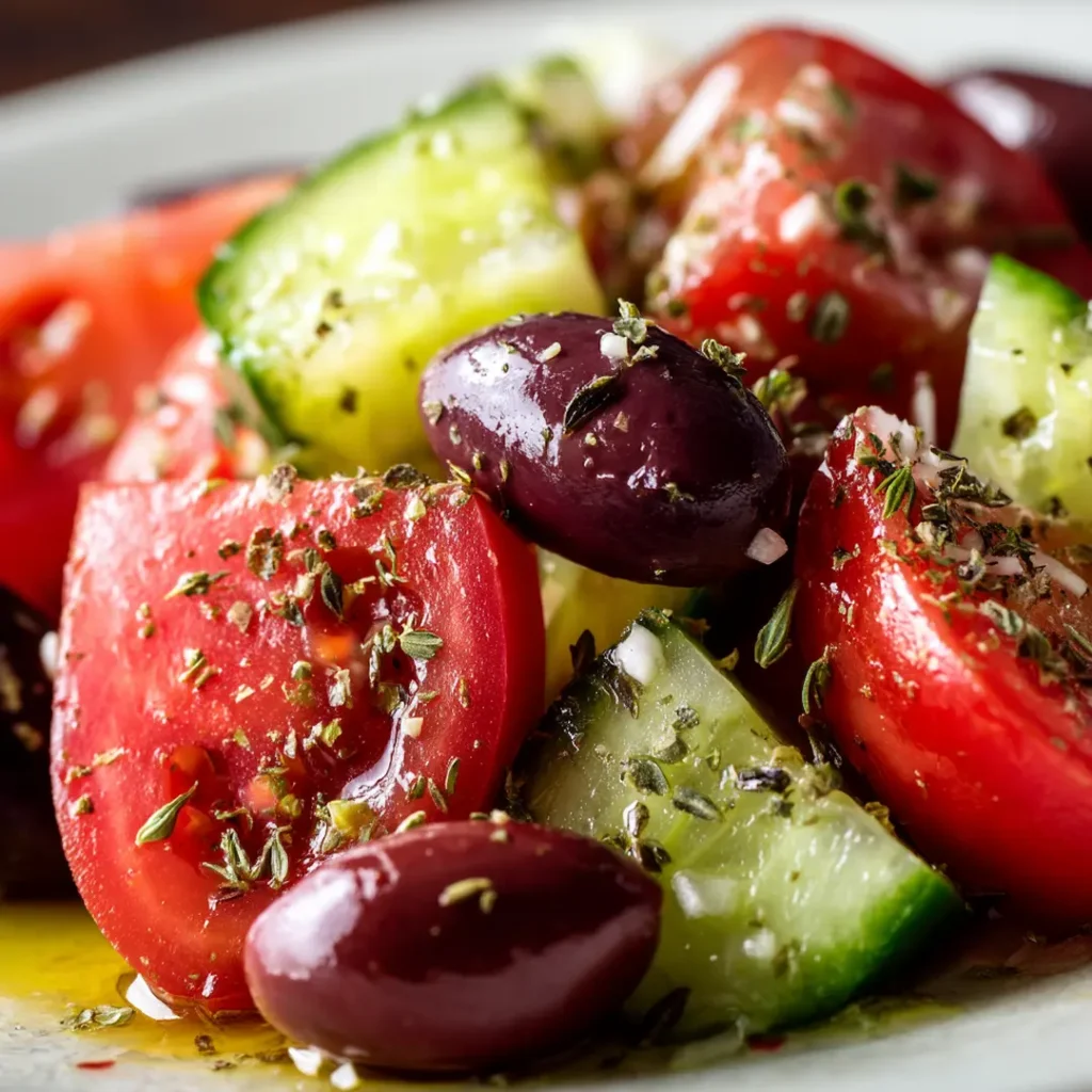 Close-up of olives, tomatoes and cucumbers in classic greek salad