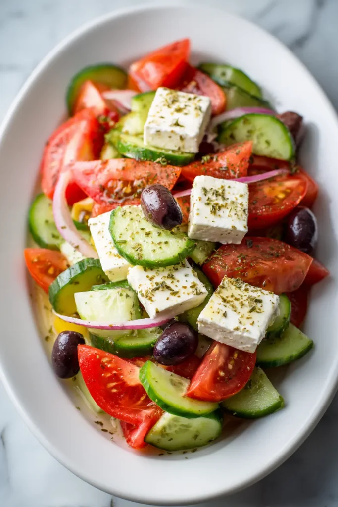 Vertical shot of classic greek salad with feta on white platter for Pinterest