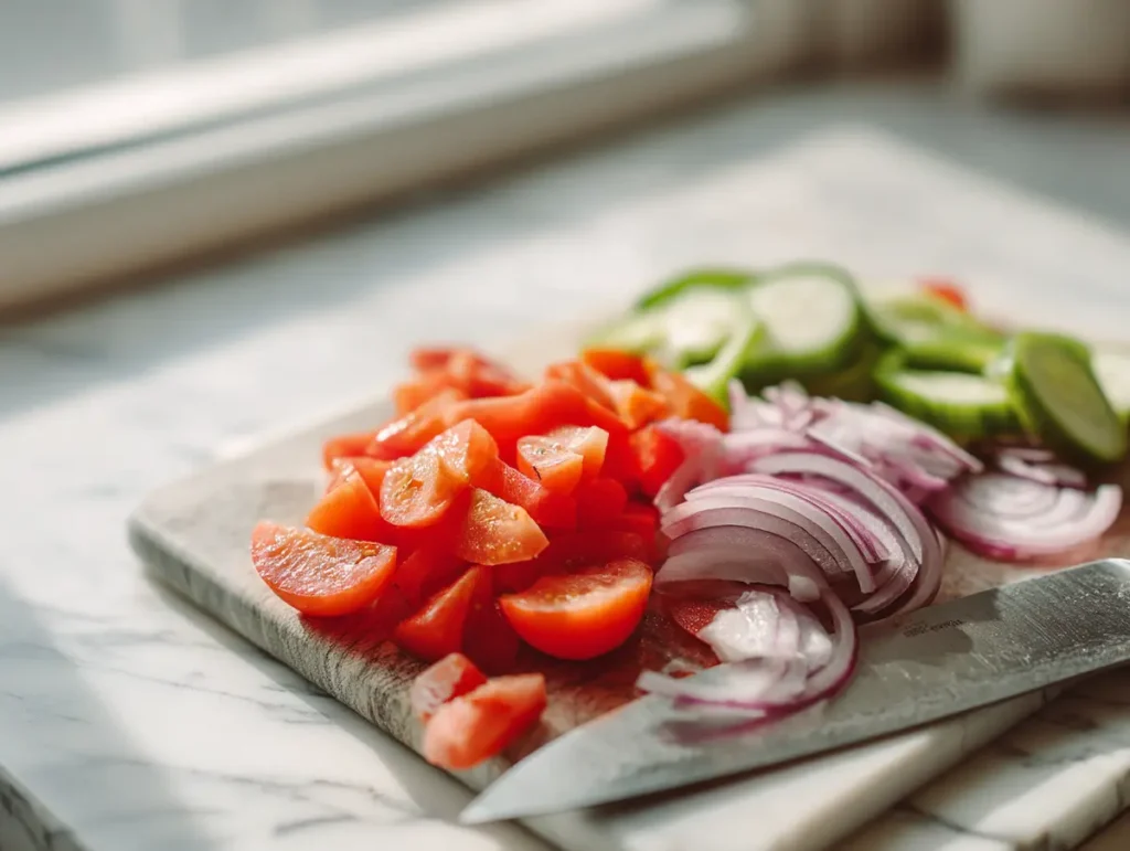 Chopped tomatoes, cucumbers, peppers and red onion on a board for greek salad
