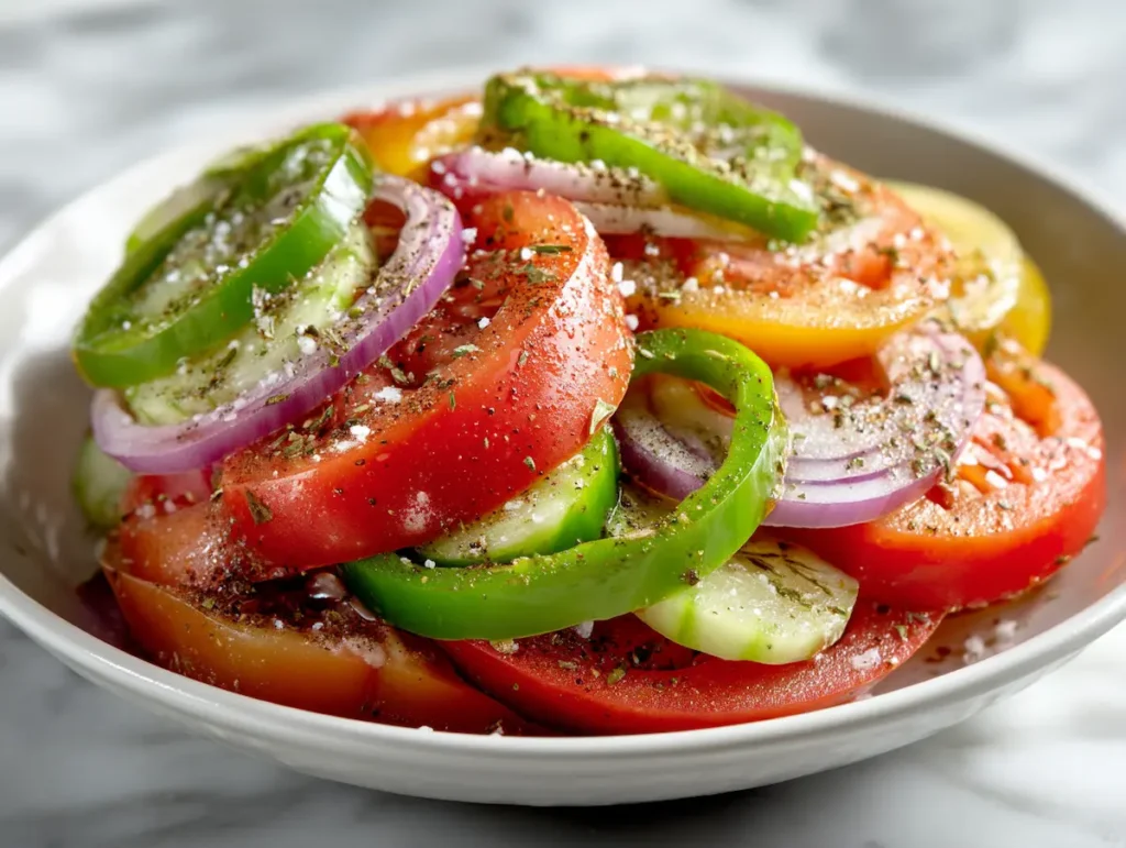 Layered tomatoes, cucumbers, peppers and onion seasoned with oregano in a bowl