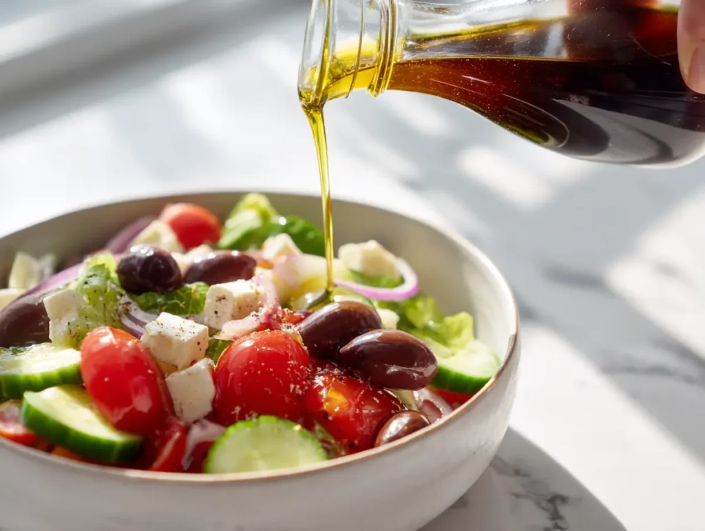 Olive oil and vinegar being poured over classic greek salad with olives