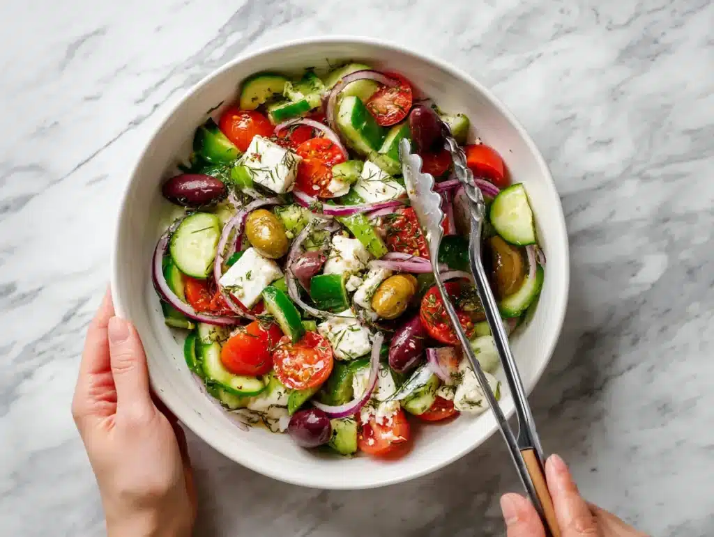 Hands tossing glossy classic greek salad in a white bowl with tongs