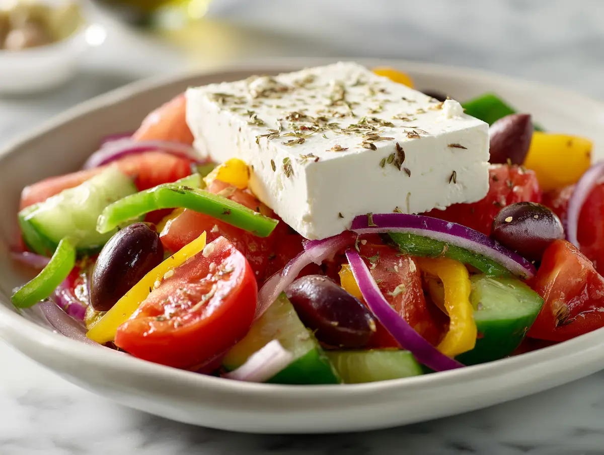Classic greek salad with feta block, tomatoes, cucumbers and olives on a white platter