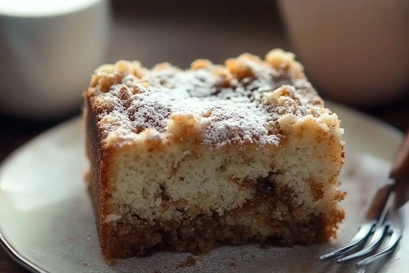 Delicious slice of coffee cake on a plate with coffee cup