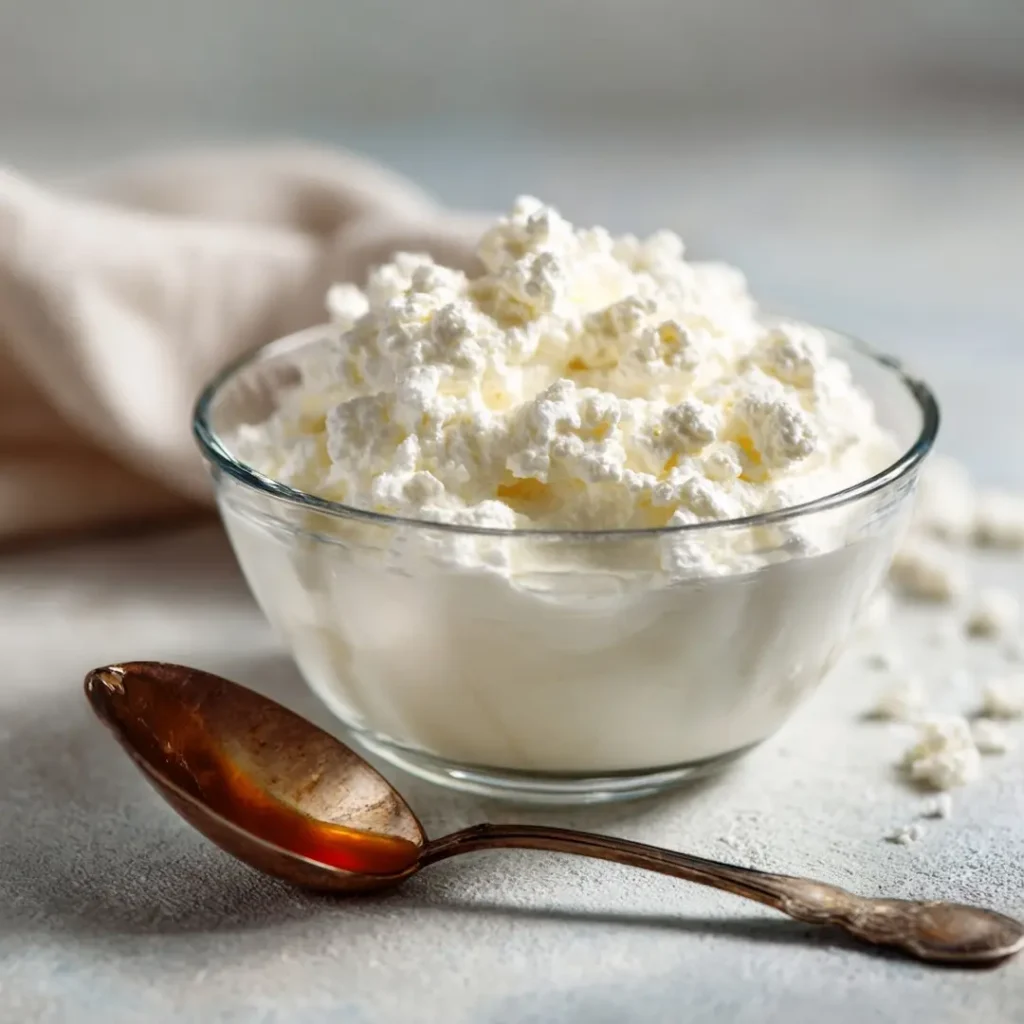 over-curdled homemade buttermilk from milk in a glass bowl