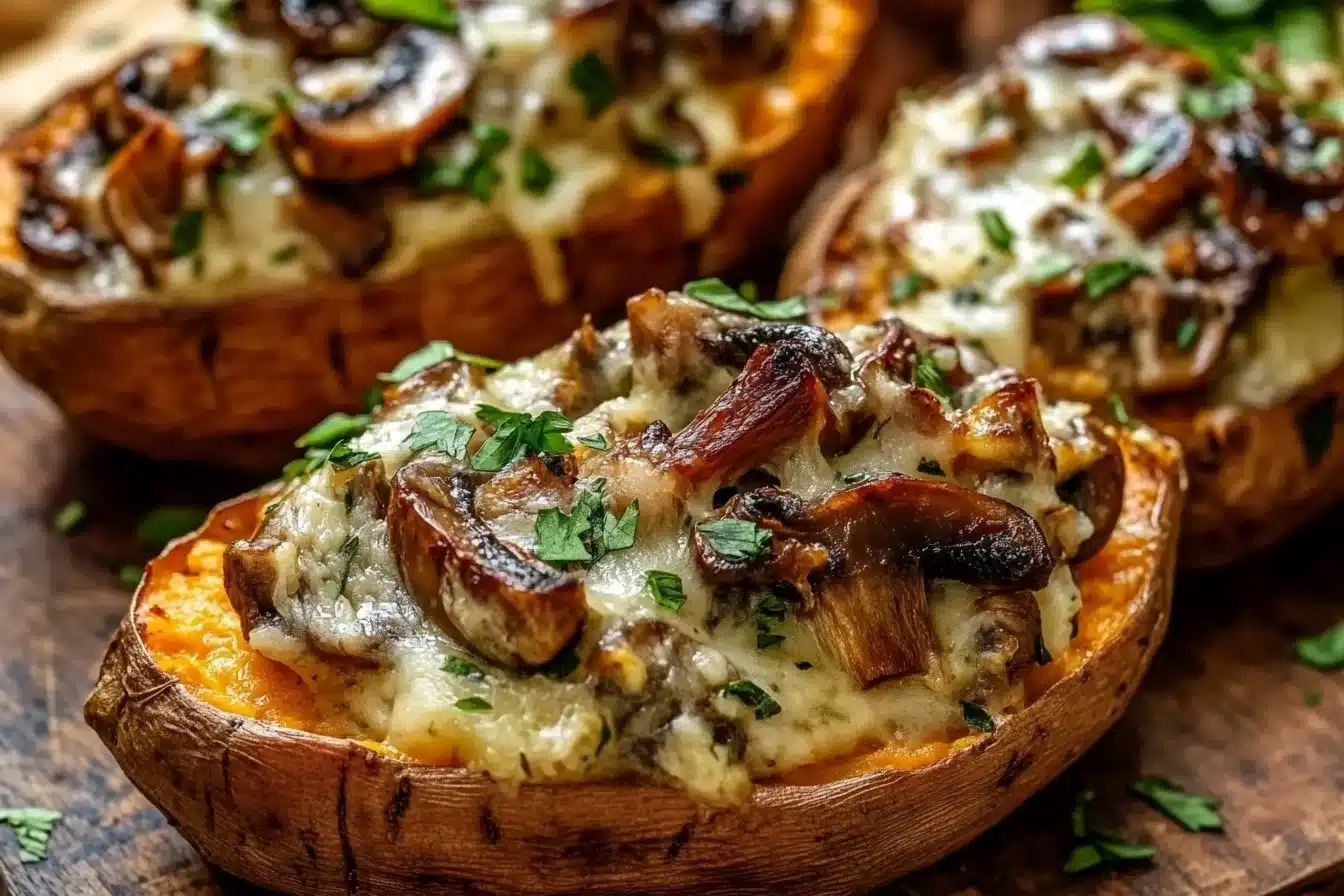 Creamy mushroom stuffed sweet potatoes topped with herbs and spices.